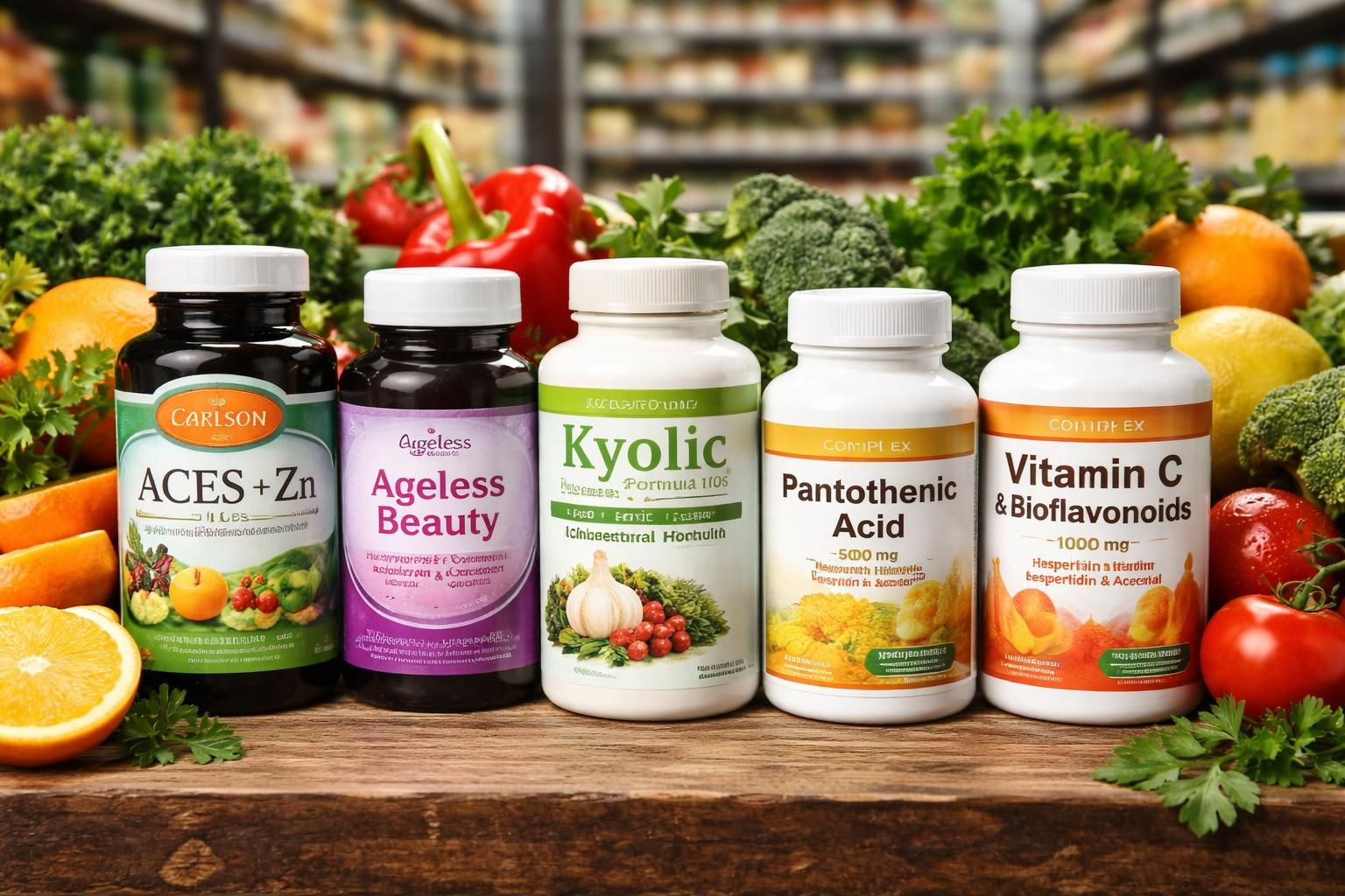 ACES & Zn from Carlson Labs
Ageless Beauty
Kyolic Formula 105 from Wakunaga
B vitamin complex
Pantothenic Acid
Vitamin C & Bioflavonoids
ACES & Zn from Carlson Labs
Ageless Beauty
Kyolic Formula 105 from Wakunaga
B vitamin complex
Pantothenic Acid
Vitamin C & Bioflavonoids