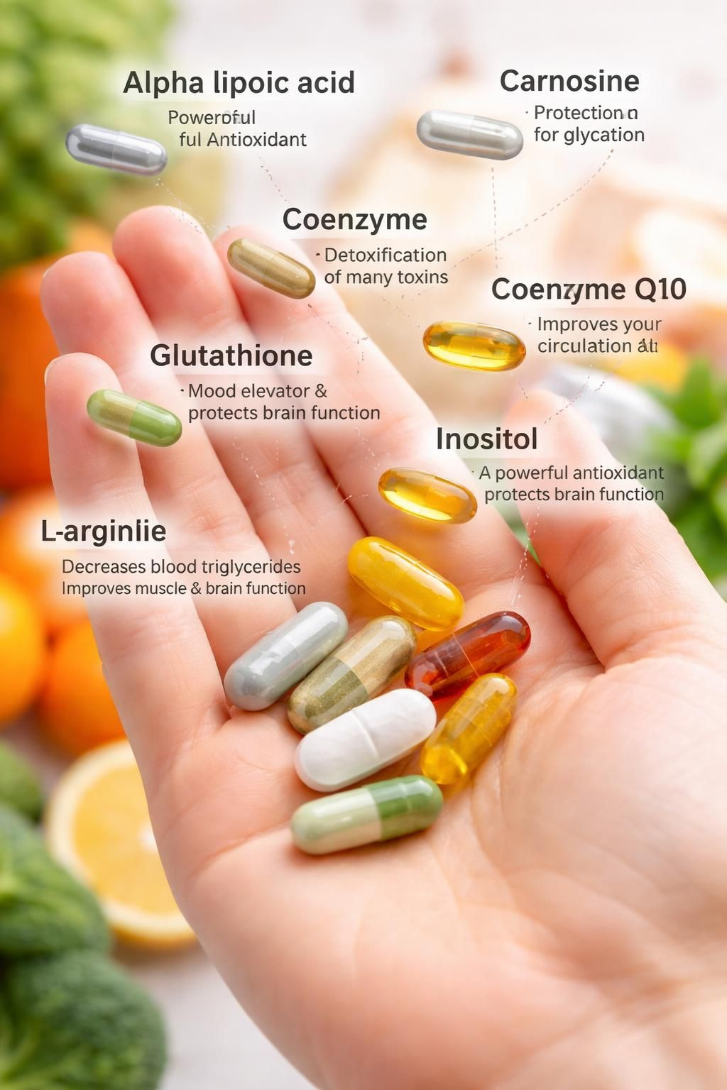 Nutrients that will help improve your health and AGING are the following.

Alpha lipoic acid     	Powerful Antioxidant
Carnosine	Protection for glycation
Coenzyme 	Detoxification of many toxins
Coenzyme Q10	Improves your circulation
Glutathione	Mood elevator and helps protect interference to brain function
Inositol	A powerful antioxidant
L-arginine	Help with amino acids and decreases blood triglycerides and improves muscle and brain function.