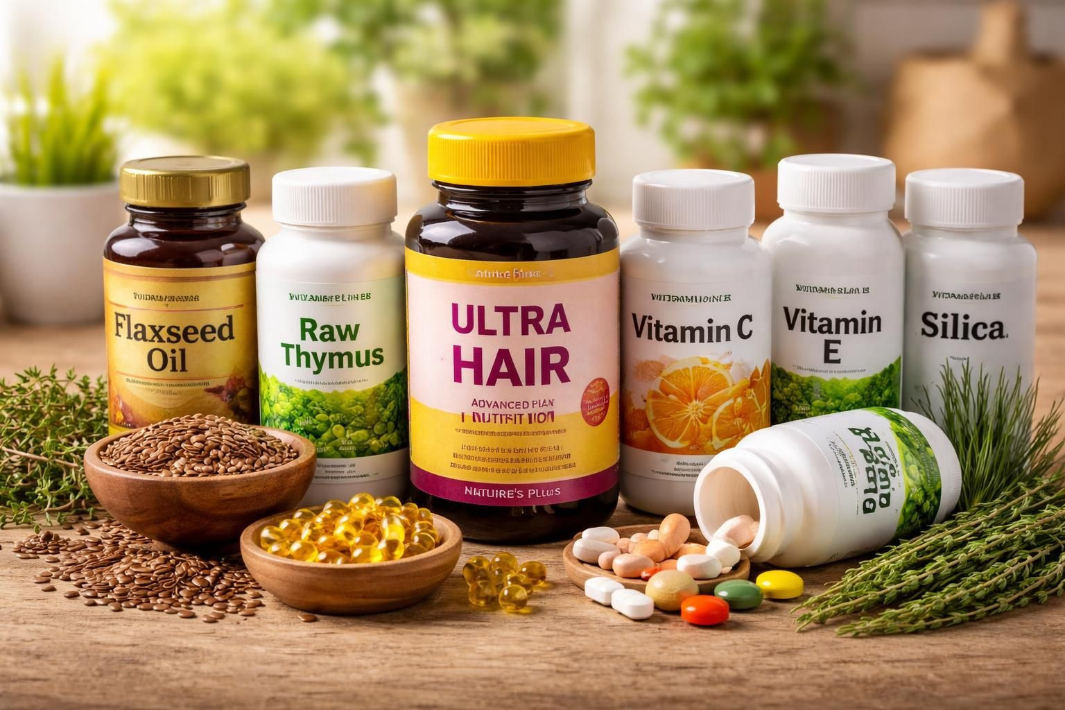 .





Flaxseed oil	Improves hair texture 
Raw thymus 	Stimulates immune function and improves gland capacity overall.
Ultra Hair from Nature’s Plus	Contains nutrients necessary to stimulate hair growth.
Vitamin B complex 	Improves health and growth of the hair.
Vitamin C	improves scalp circulation and antioxidant.
Vitamin E	Increases oxygen uptake within it improves circulation to scalp.
Silica	Aids too grow strong hair from the root naturally